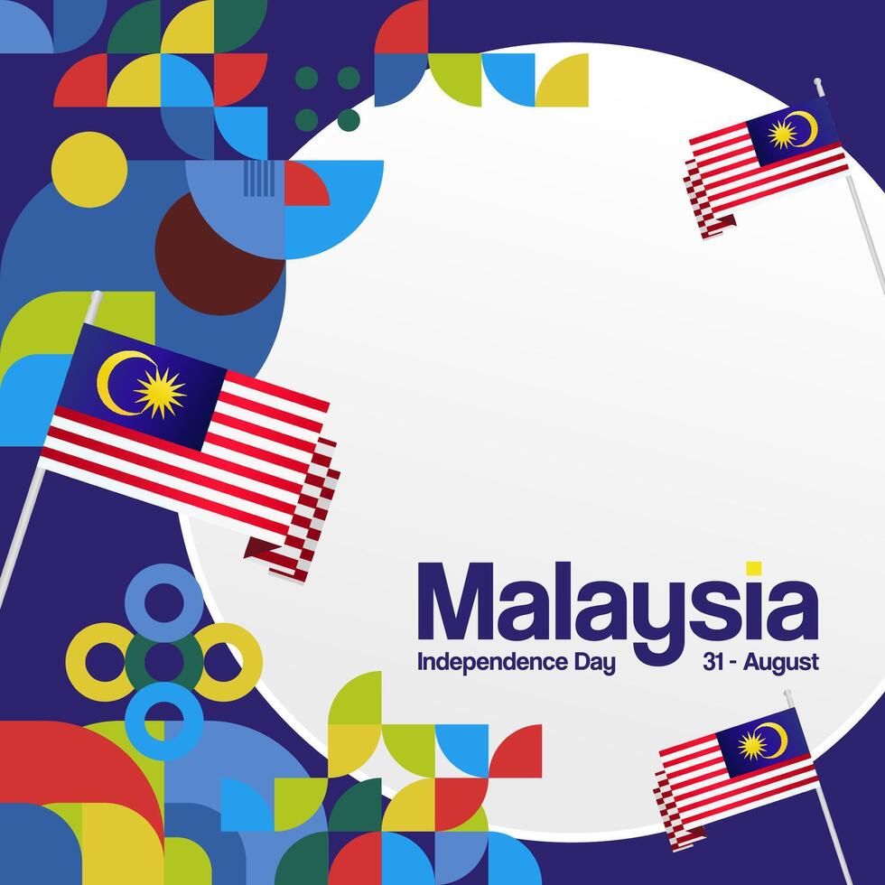 Malaysia Independence Day banner in modern geometric style. Square banner for website and poster with typography. Background for National holiday celebration. Happy Independence Day of Malaysia vector
