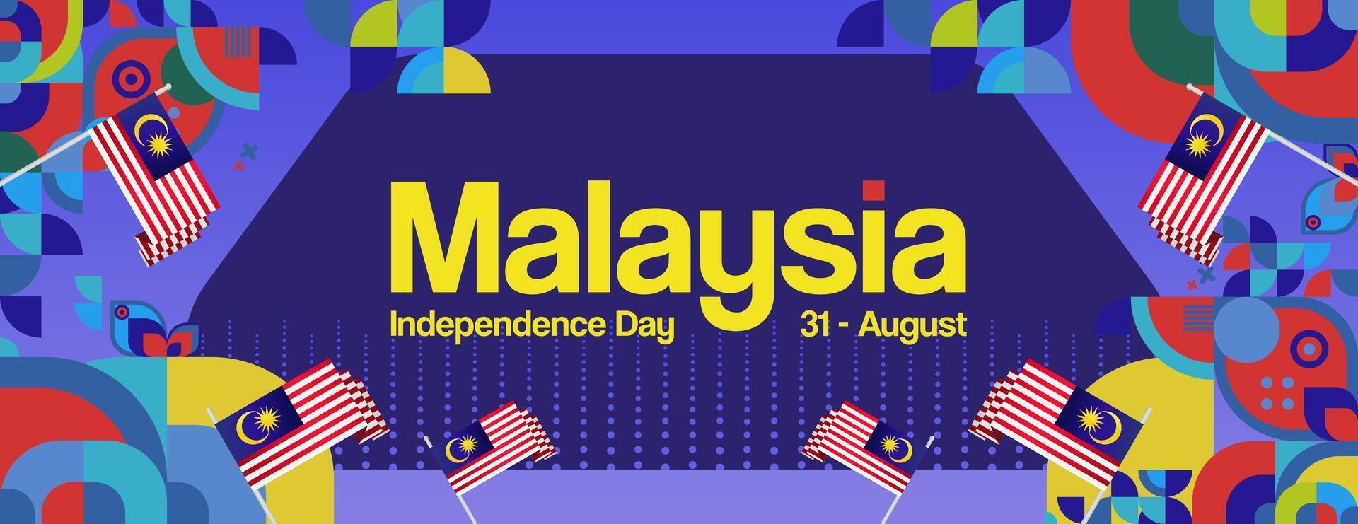 Malaysia Independence Day banner in modern geometric style. Wide banner with typography and also country flag. Background for National holiday celebration party. Happy Merdeka Day of Malaysia vector