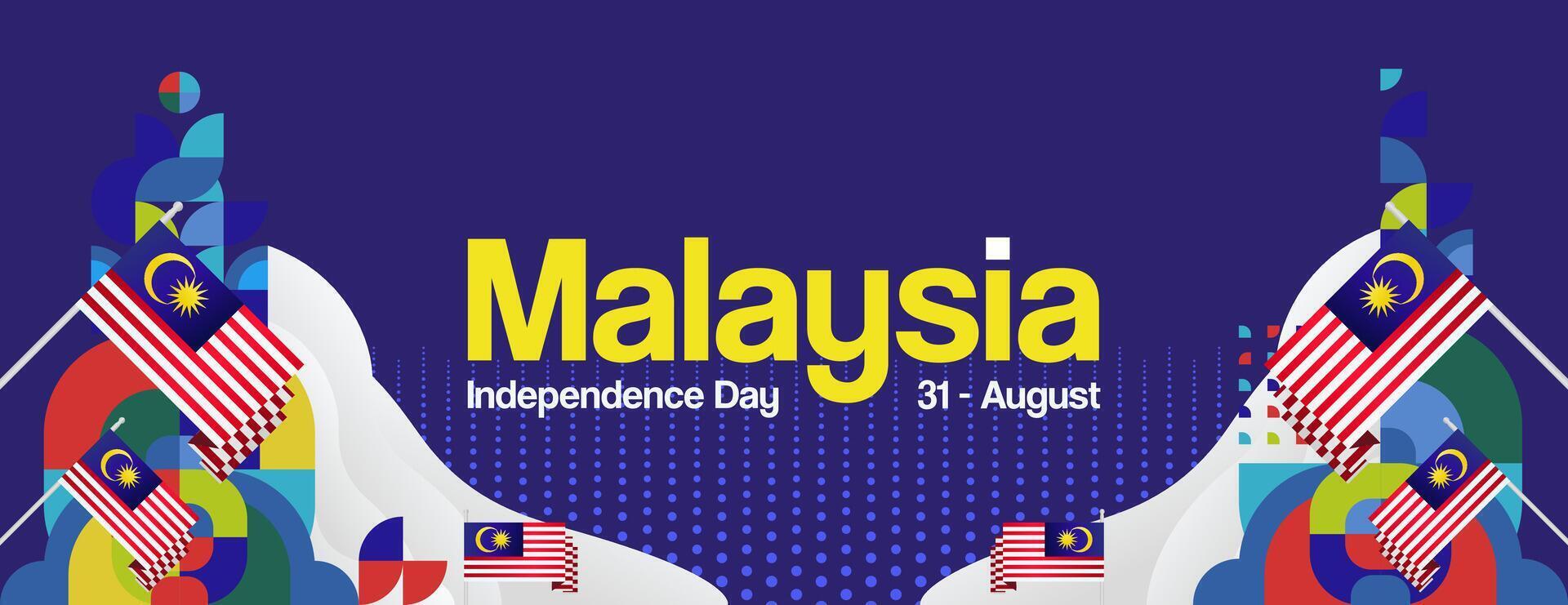 Malaysia Independence Day banner in modern geometric style. Wide banner with typography and also country flag. Background for National holiday celebration party. Happy Merdeka Day of Malaysia vector