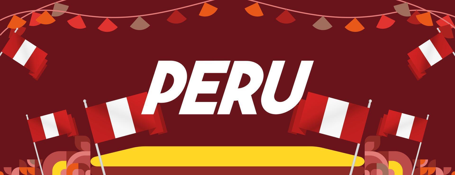 Peru Independence Day banner in modern geometric style. Wide banner with typography and also country flag. Background for National holiday celebration party. Happy Independence Day of Peru vector