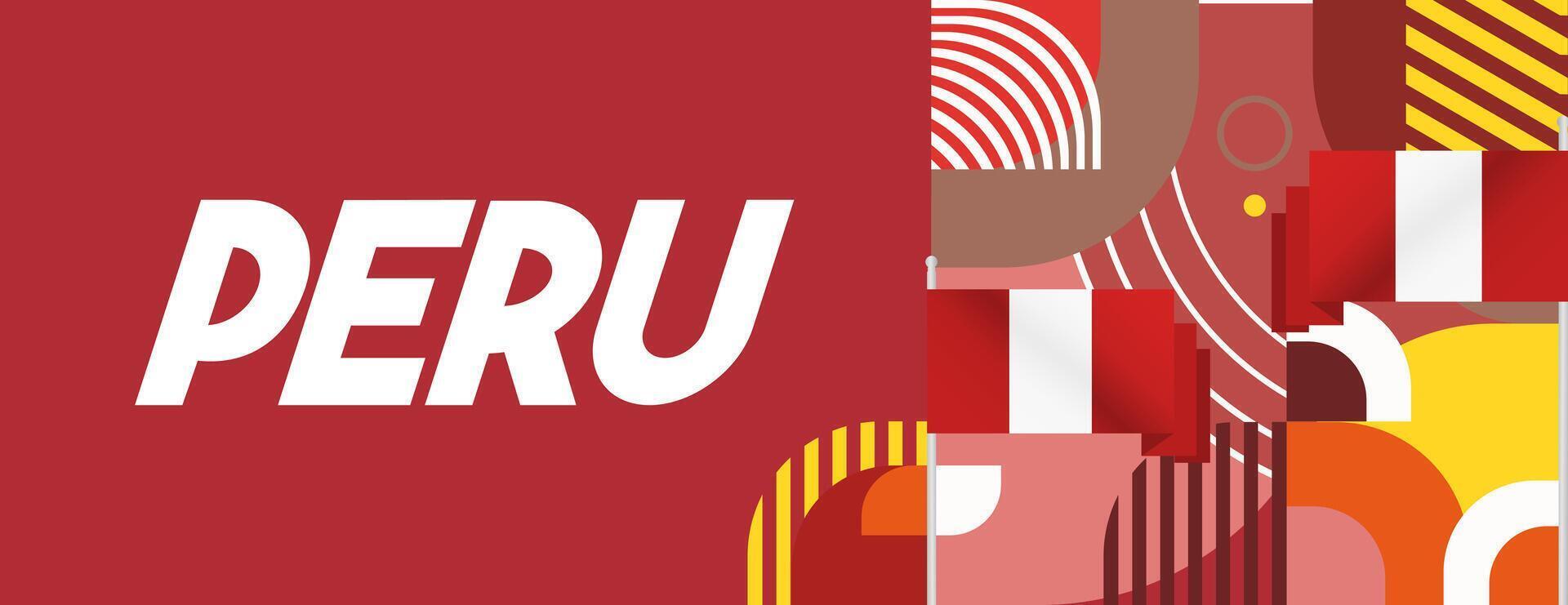 Peru Independence Day banner in modern geometric style. Wide banner with typography and also country flag. Background for National holiday celebration party. Happy Independence Day of Peru vector