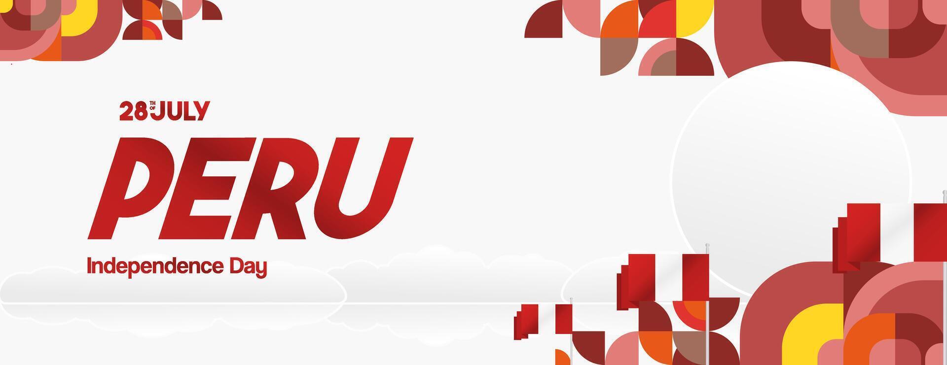 Peru Independence Day banner in modern geometric style. Wide banner with typography and also country flag. Background for National holiday celebration party. Happy Independence Day of Peru vector
