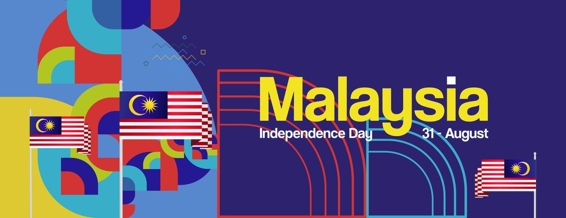 Malaysia Independence Day banner in modern geometric style. Wide banner with typography and also country flag. Background for National holiday celebration party. Happy Merdeka Day of Malaysia vector