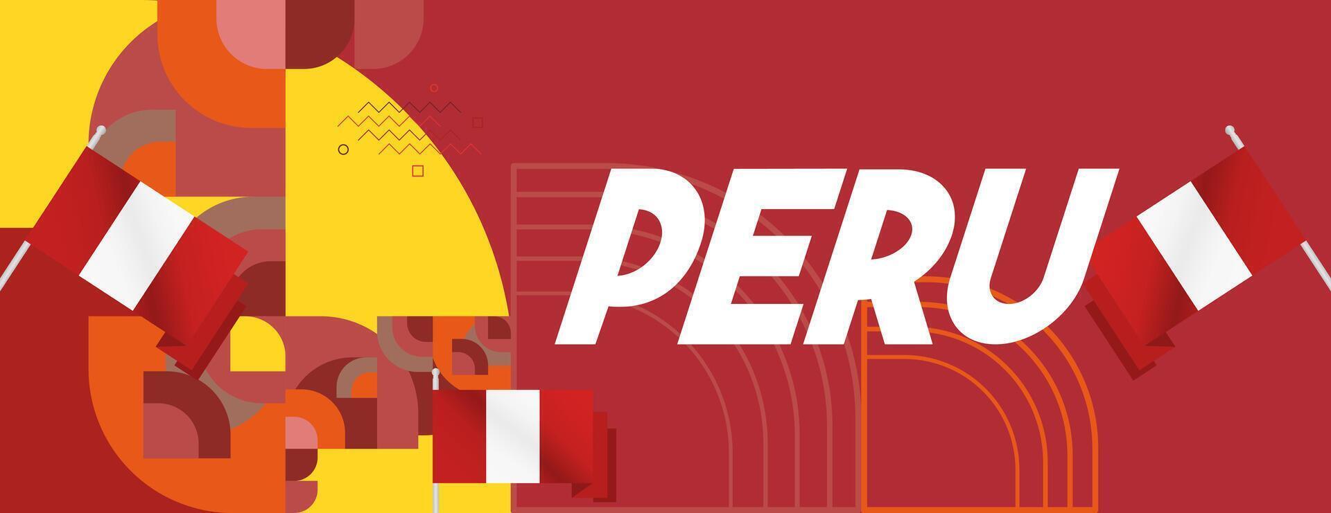 Peru Independence Day banner in modern geometric style. Wide banner with typography and also country flag. Background for National holiday celebration party. Happy Independence Day of Peru vector