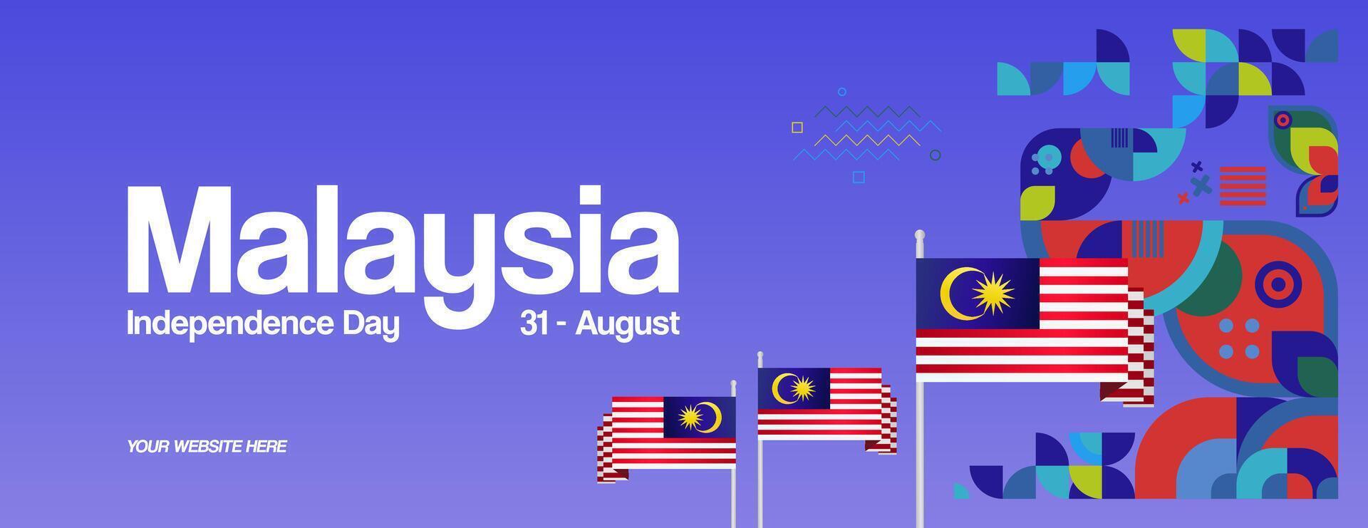Malaysia Independence Day banner in modern geometric style. Wide banner with typography and also country flag. Background for National holiday celebration party. Happy Merdeka Day of Malaysia vector