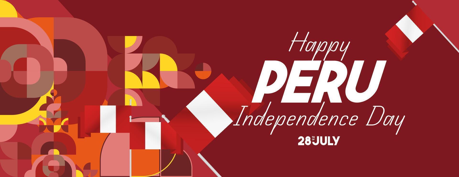 Peru Independence Day banner in modern geometric style. Wide banner with typography and also country flag. Background for National holiday celebration party. Happy Independence Day of Peru vector