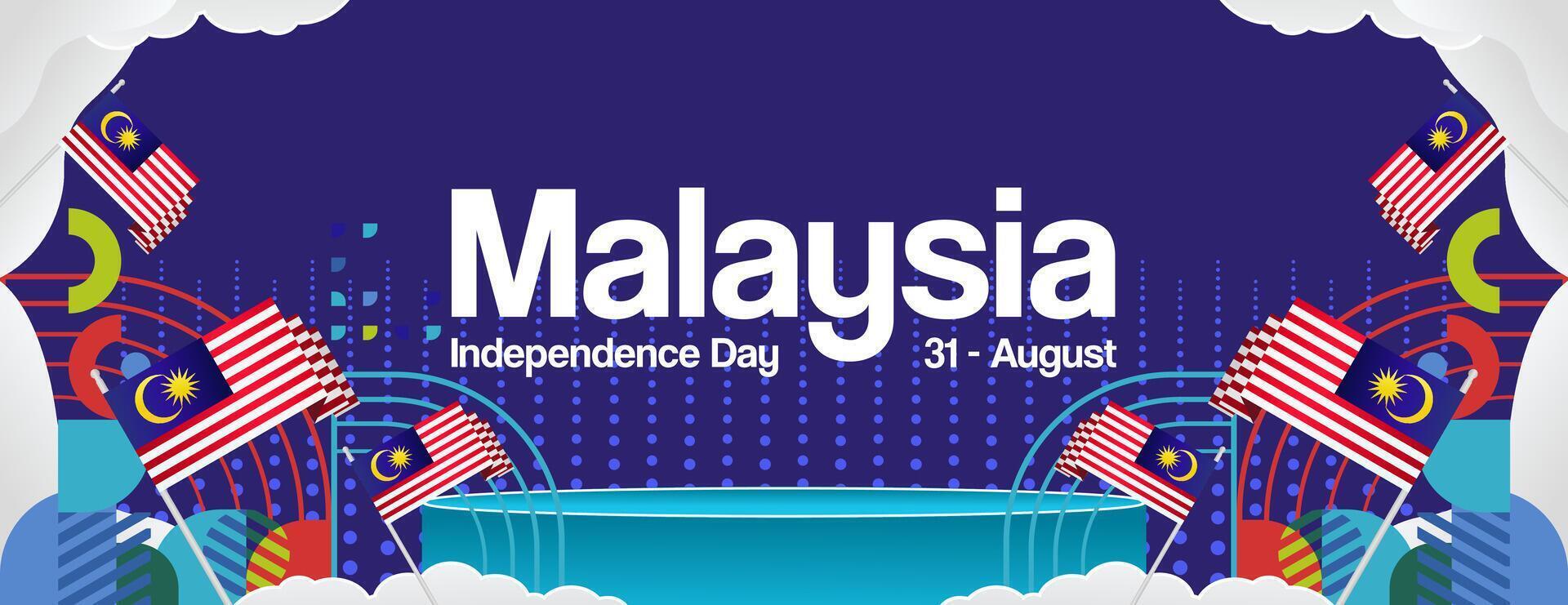 Malaysia Independence Day banner in modern geometric style. Wide banner with typography and also country flag. Background for National holiday celebration party. Happy Merdeka Day of Malaysia vector