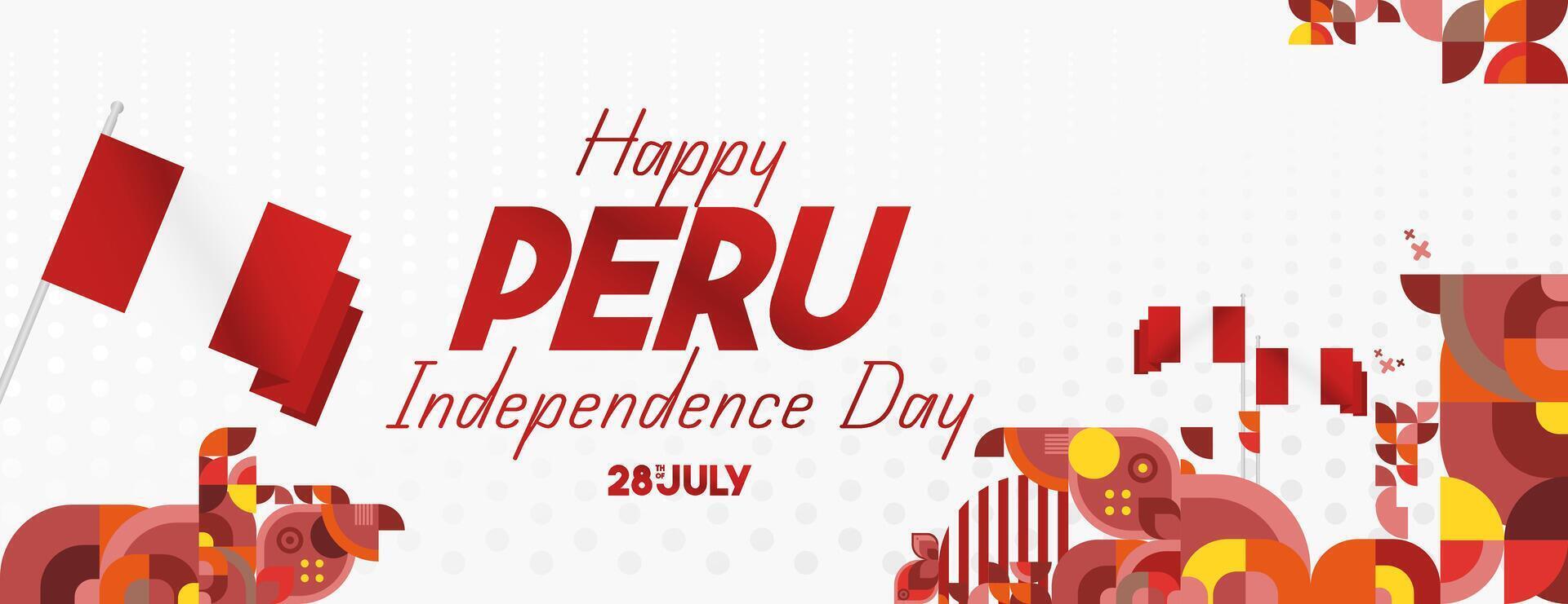 Peru Independence Day banner in modern geometric style. Wide banner with typography and also country flag. Background for National holiday celebration party. Happy Independence Day of Peru vector