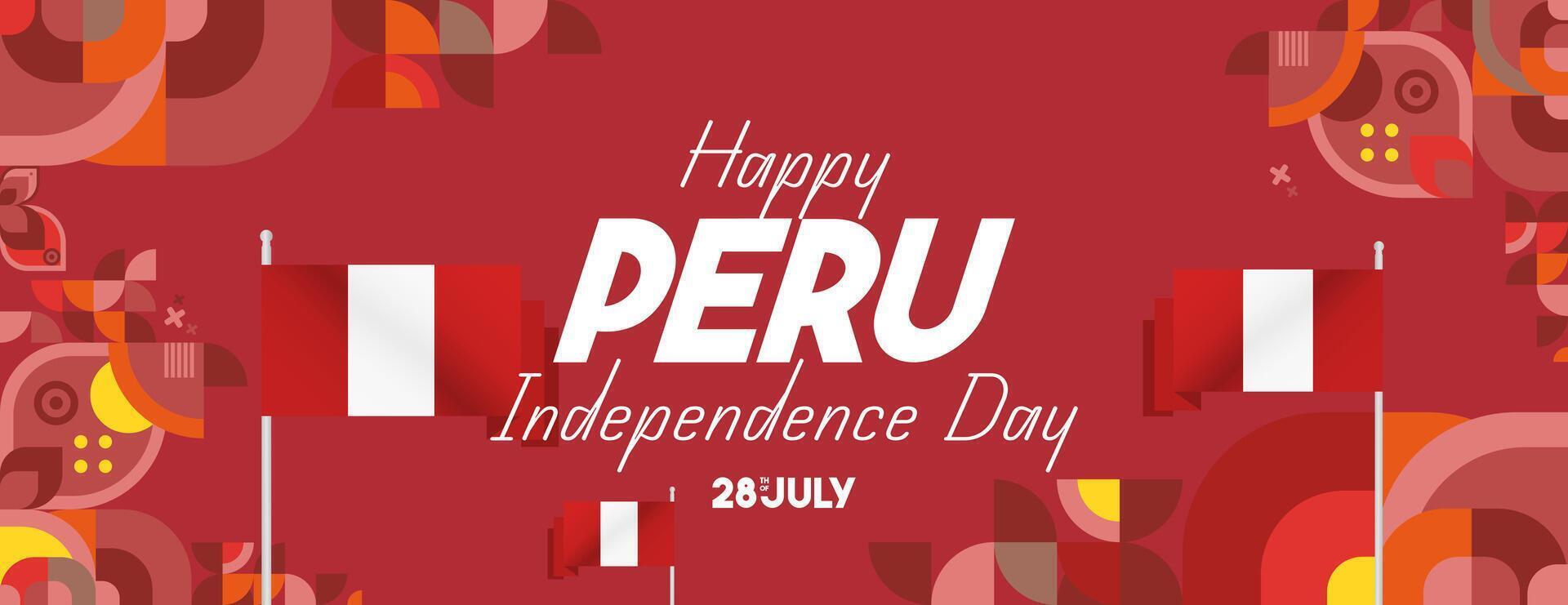 Peru Independence Day banner in modern geometric style. Wide banner with typography and also country flag. Background for National holiday celebration party. Happy Independence Day of Peru vector