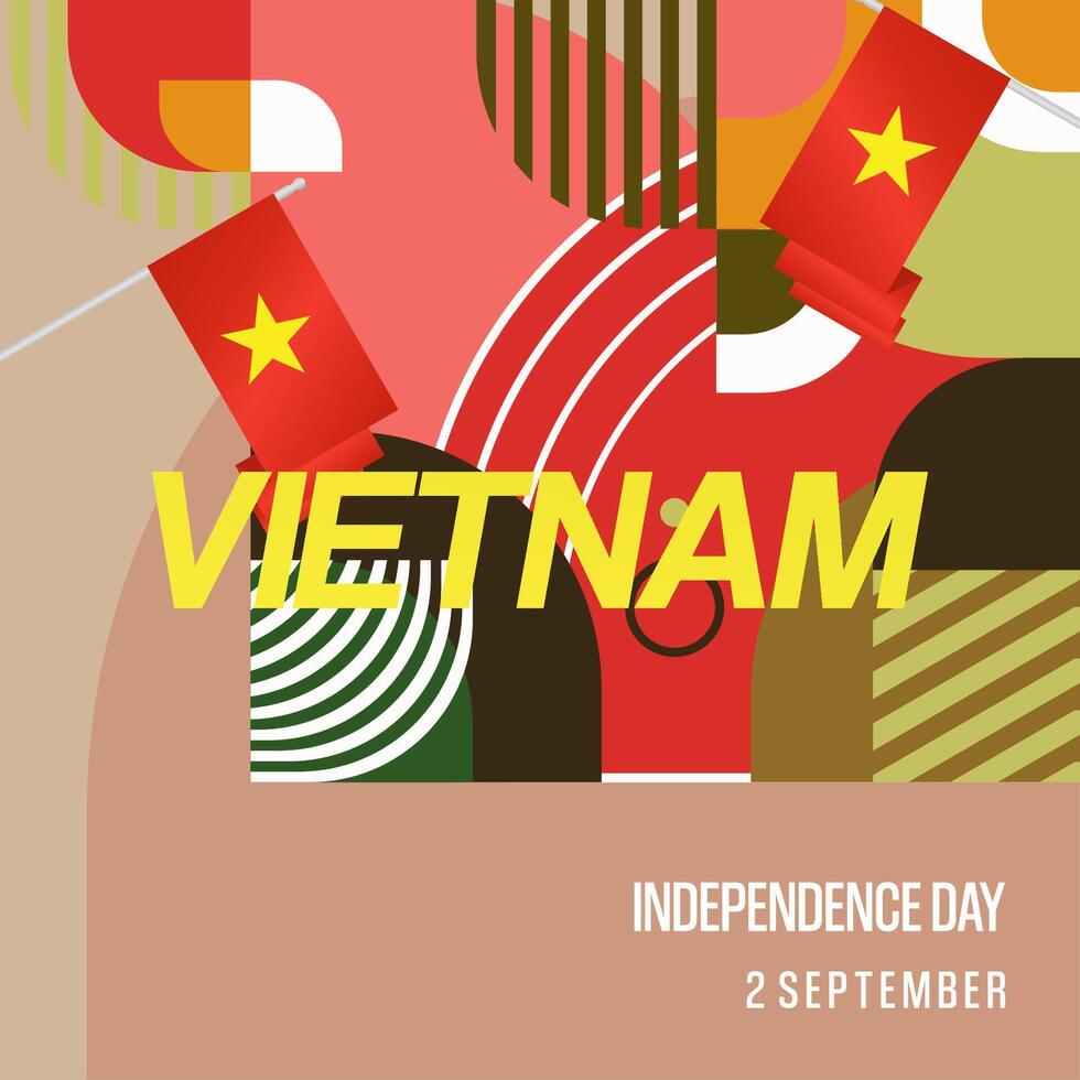 Vietnam Independence Day banner in modern geometric style. Square banner for celebration day with flags and typography. National holiday celebration backgrounds. Happy Vietnam Independence Day vector
