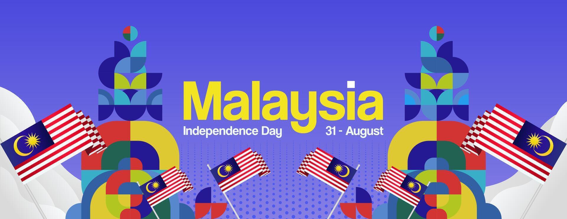 Malaysia Independence Day banner in modern geometric style. Wide banner with typography and also country flag. Background for National holiday celebration party. Happy Merdeka Day of Malaysia vector