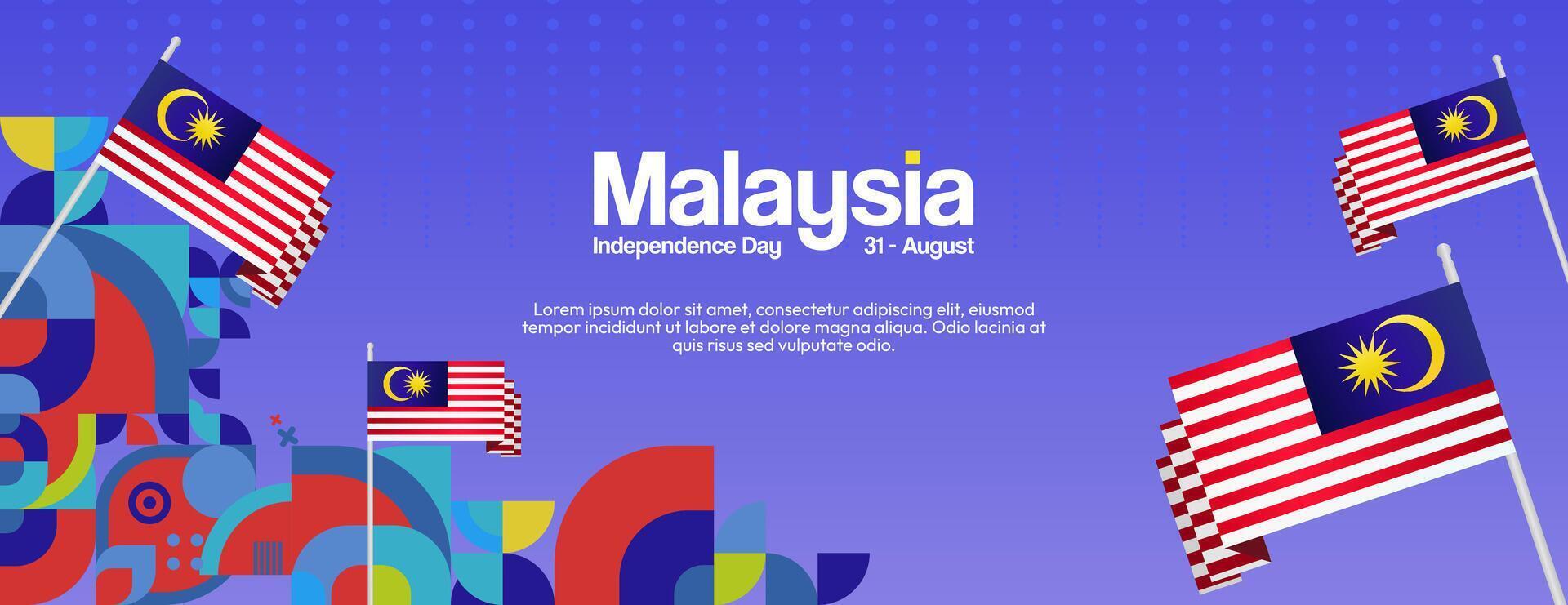 Malaysia Independence Day banner in modern geometric style. Wide banner with typography and also country flag. Background for National holiday celebration party. Happy Merdeka Day of Malaysia vector