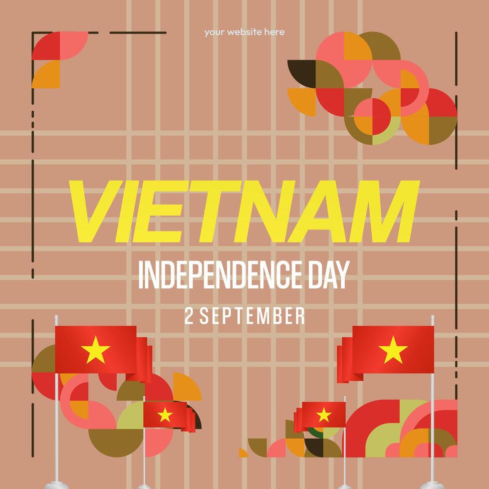 Vietnam Independence Day banner in modern geometric style. Square banner for celebration day with flags and typography. National holiday celebration backgrounds. Happy Vietnam Independence Day vector