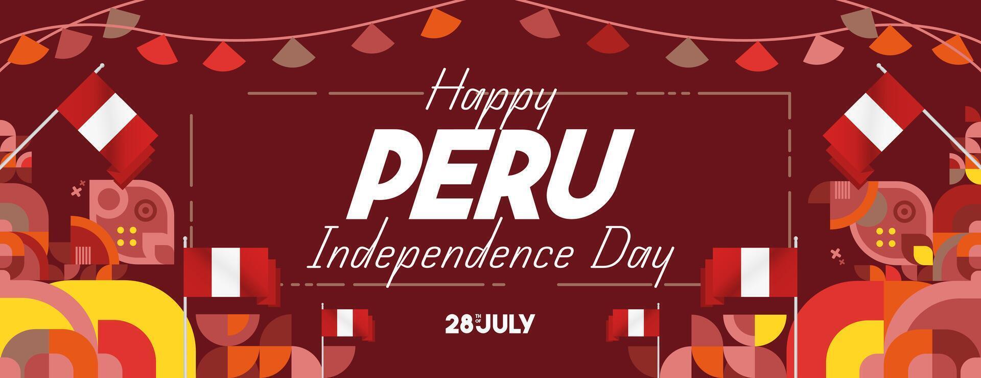 Peru Independence Day banner in modern geometric style. Wide banner with typography and also country flag. Background for National holiday celebration party. Happy Independence Day of Peru vector