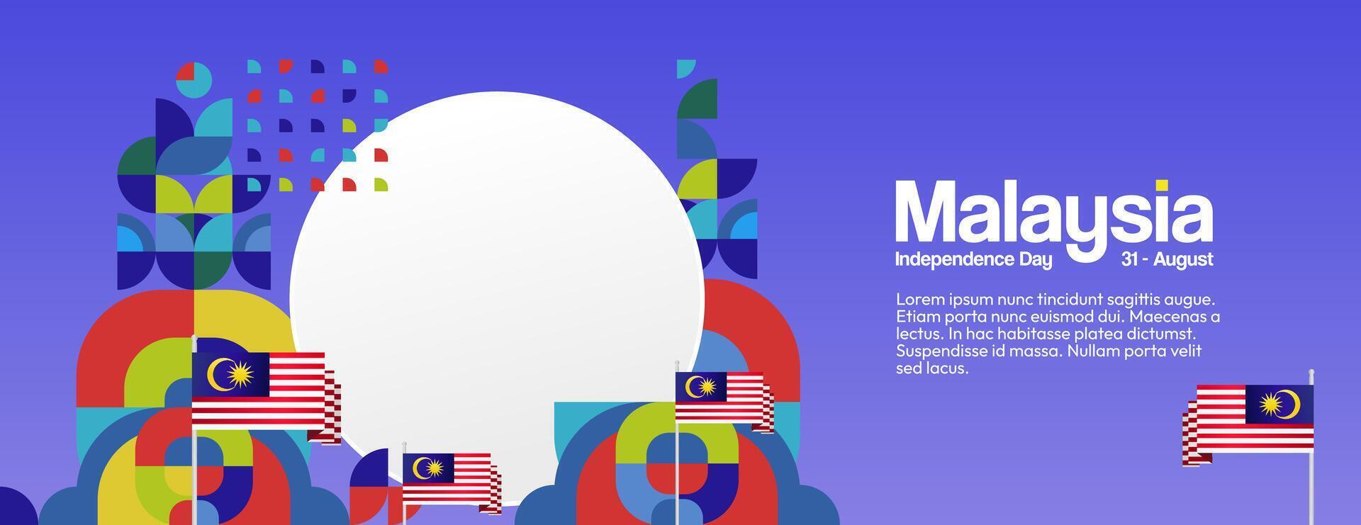 Malaysia Independence Day banner in modern geometric style. Wide banner with typography and also country flag. Background for National holiday celebration party. Happy Merdeka Day of Malaysia vector