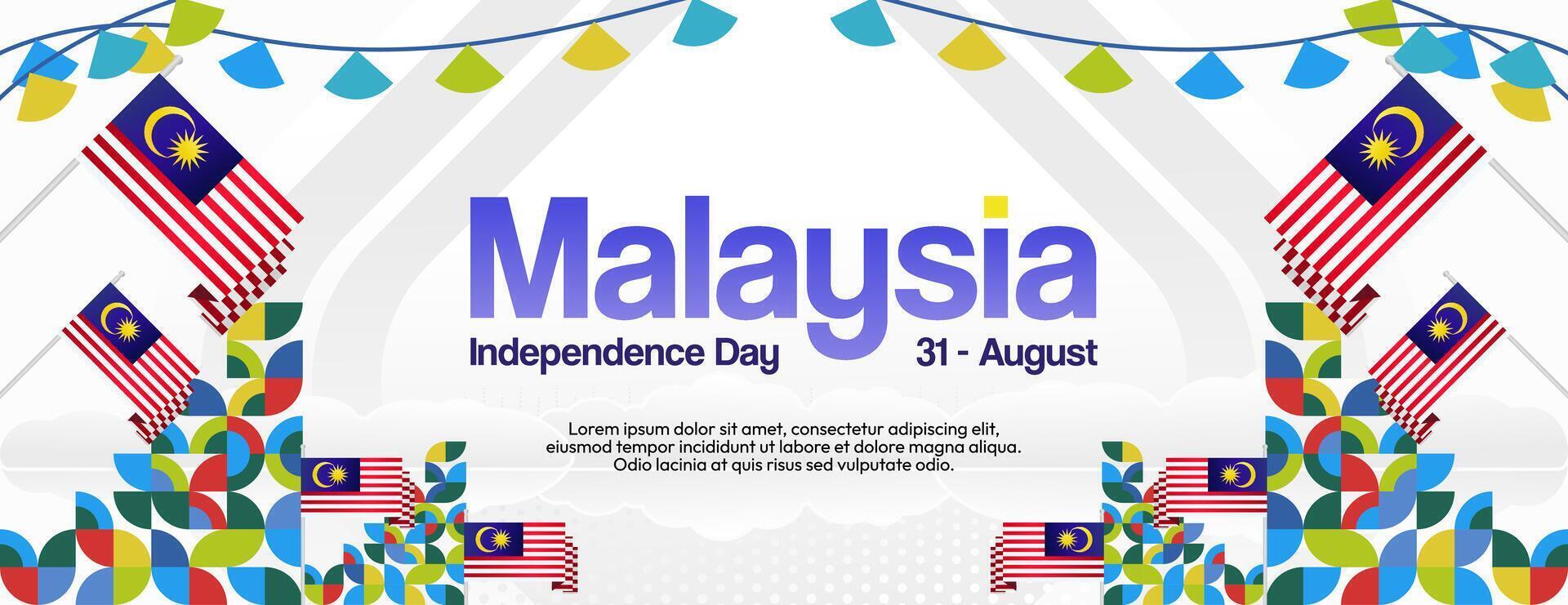 Malaysia Independence Day banner in modern geometric style. Wide banner with typography and also country flag. Background for National holiday celebration party. Happy Merdeka Day of Malaysia vector