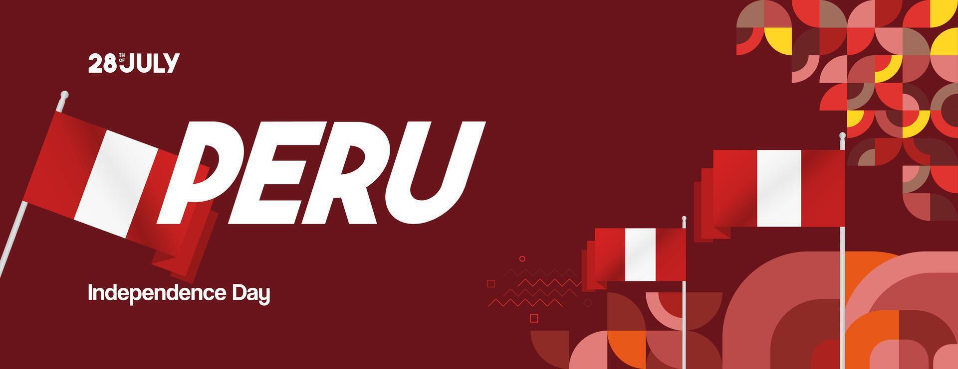 Peru Independence Day banner in modern geometric style. Wide banner with typography and also country flag. Background for National holiday celebration party. Happy Independence Day of Peru vector