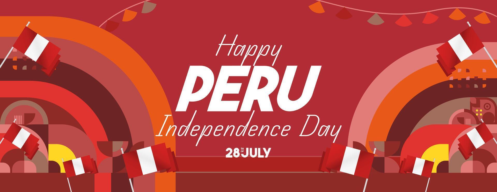 Peru Independence Day banner in modern geometric style. Wide banner with typography and also country flag. Background for National holiday celebration party. Happy Independence Day of Peru vector