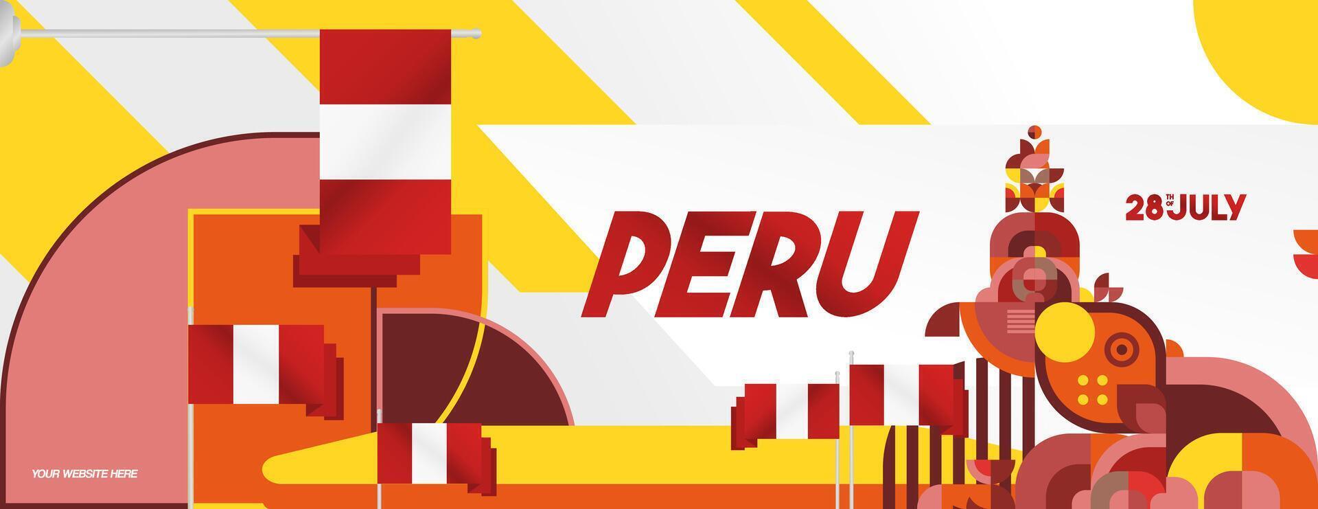 Peru Independence Day banner in modern geometric style. Wide banner with typography and also country flag. Background for National holiday celebration party. Happy Independence Day of Peru vector