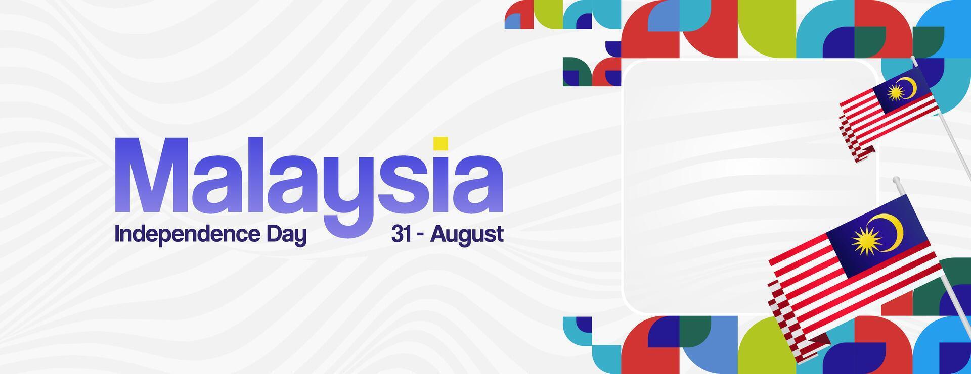 Malaysia Independence Day banner in modern geometric style. Wide banner with typography and also country flag. Background for National holiday celebration party. Happy Merdeka Day of Malaysia vector
