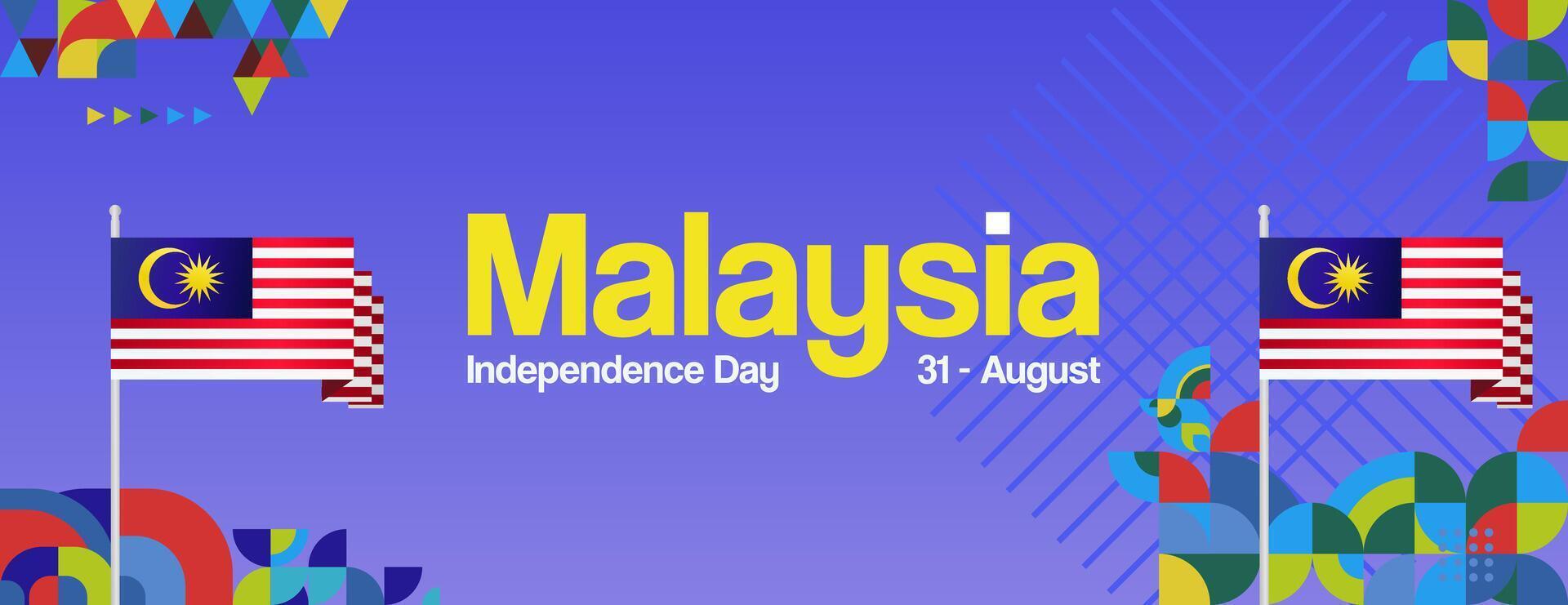 Malaysia Independence Day banner in modern geometric style. Wide banner with typography and also country flag. Background for National holiday celebration party. Happy Merdeka Day of Malaysia vector
