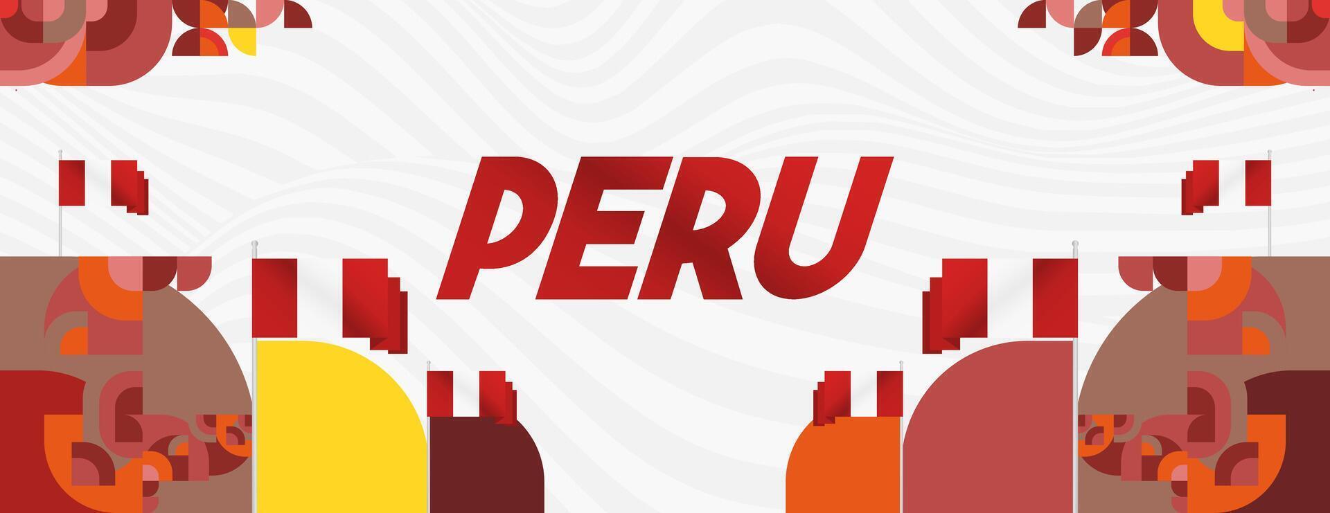 Peru Independence Day banner in modern geometric style. Wide banner with typography and also country flag. Background for National holiday celebration party. Happy Independence Day of Peru vector