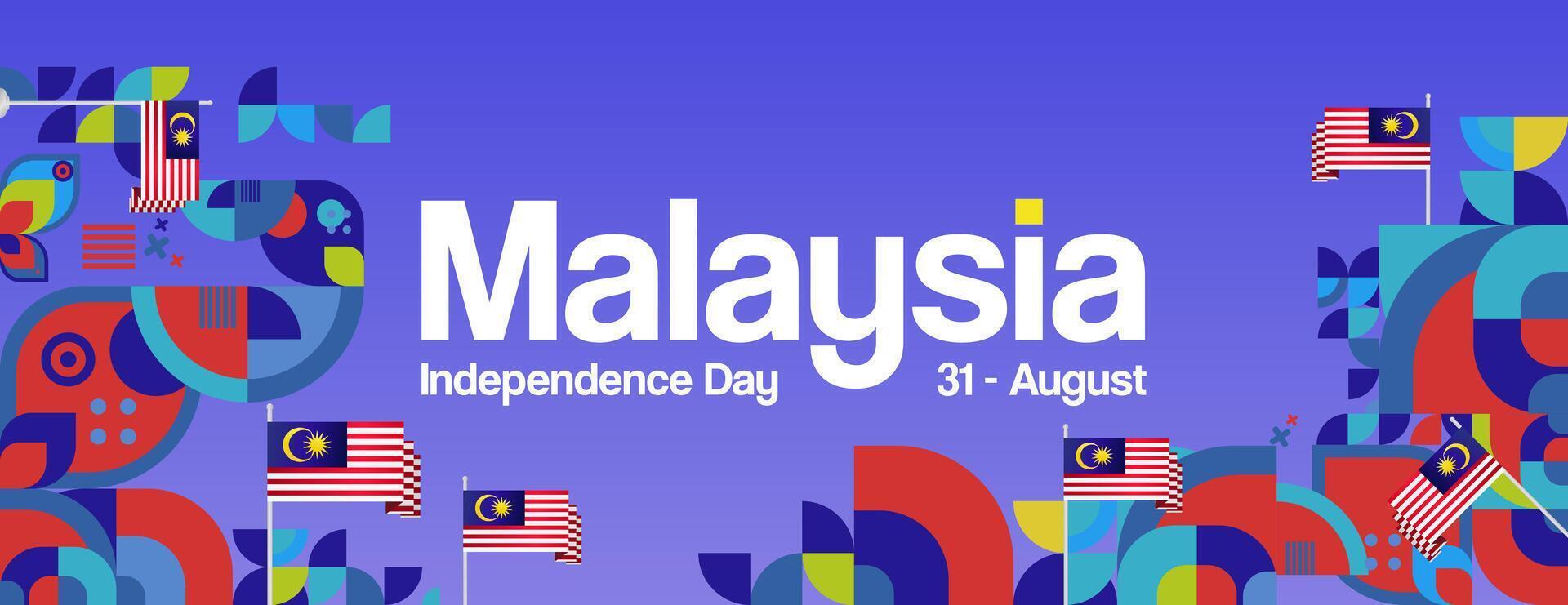 Malaysia Independence Day banner in modern geometric style. Wide banner with typography and also country flag. Background for National holiday celebration party. Happy Merdeka Day of Malaysia vector