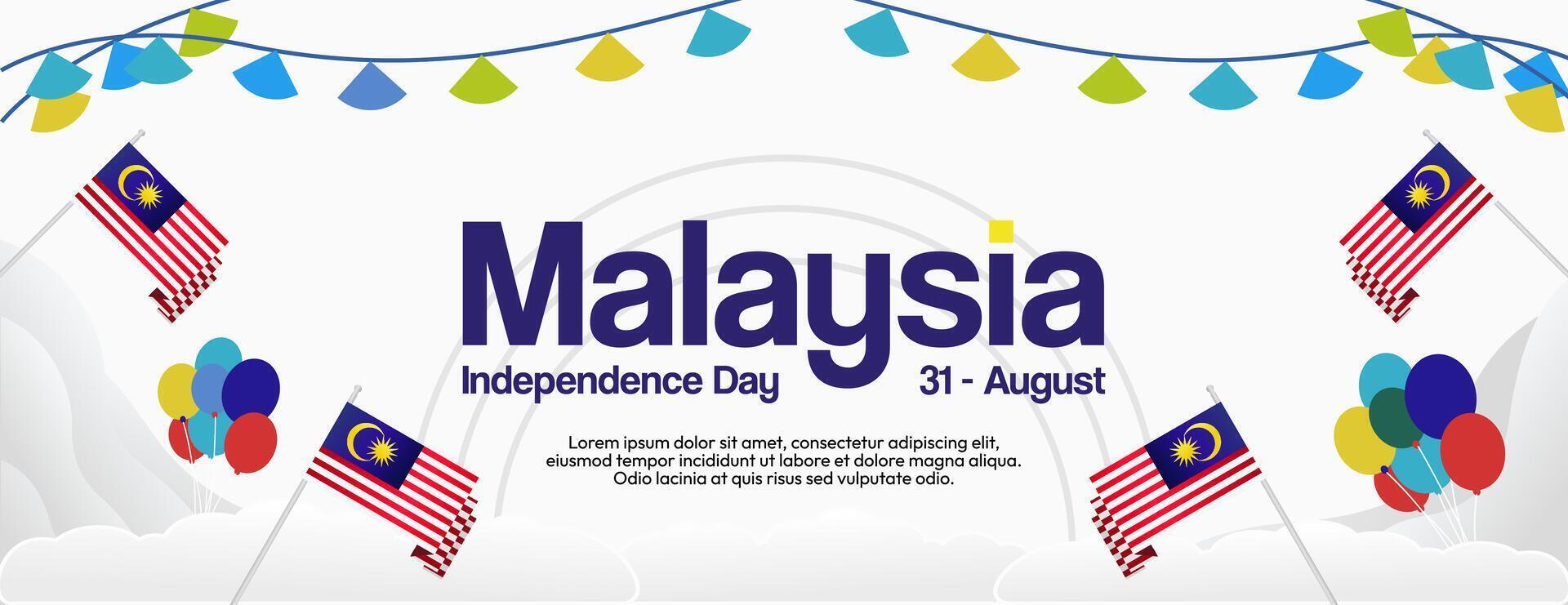 Malaysia Independence Day banner in modern geometric style. Wide banner with typography and also country flag. Background for National holiday celebration party. Happy Merdeka Day of Malaysia vector