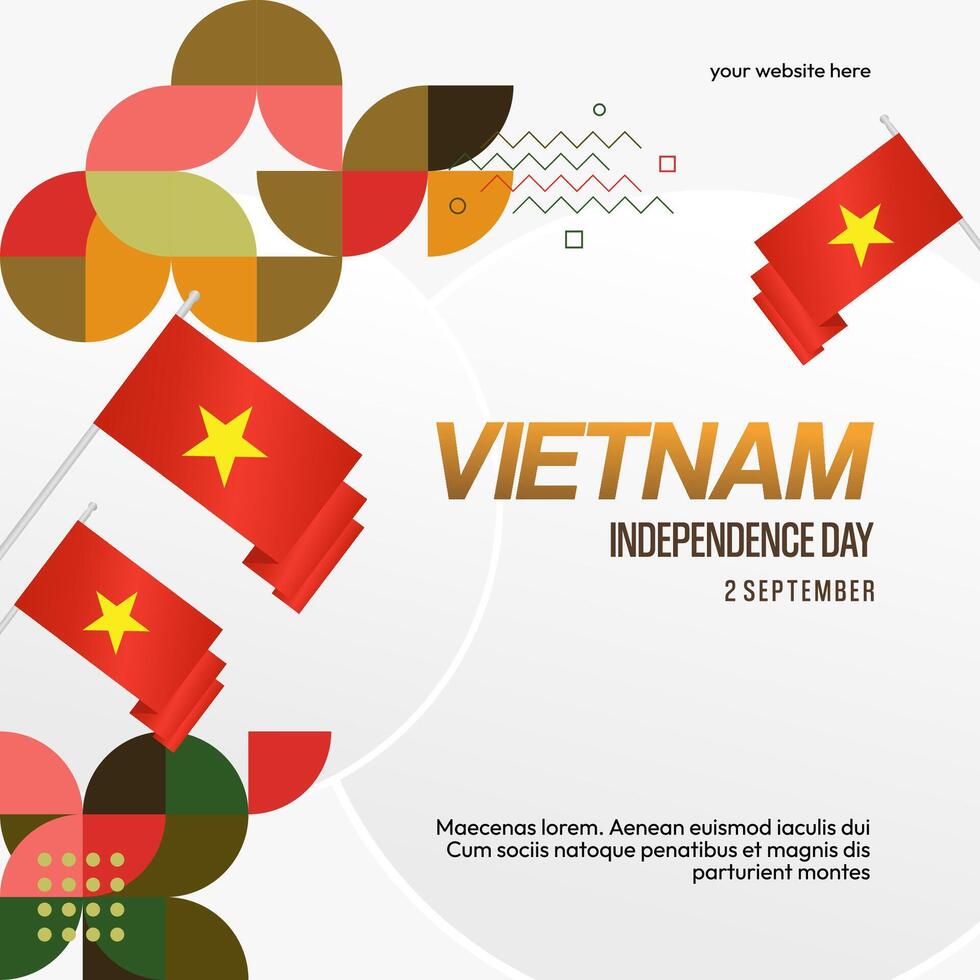 Vietnam Independence Day banner in modern geometric style. Square banner for celebration day with flags and typography. National holiday celebration backgrounds. Happy Vietnam Independence Day vector