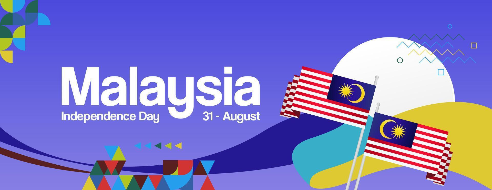 Malaysia Independence Day banner in modern geometric style. Wide banner with typography and also country flag. Background for National holiday celebration party. Happy Merdeka Day of Malaysia vector