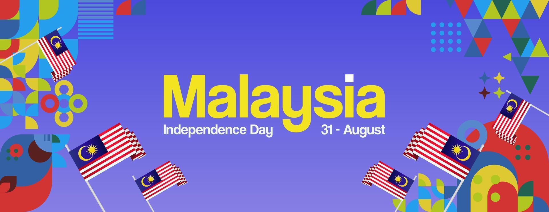 Malaysia Independence Day banner in modern geometric style. Wide banner with typography and also country flag. Background for National holiday celebration party. Happy Merdeka Day of Malaysia vector