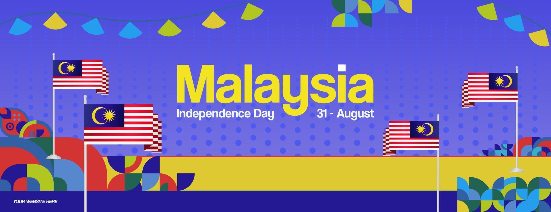 Malaysia Independence Day banner in modern geometric style. Wide banner with typography and also country flag. Background for National holiday celebration party. Happy Merdeka Day of Malaysia vector