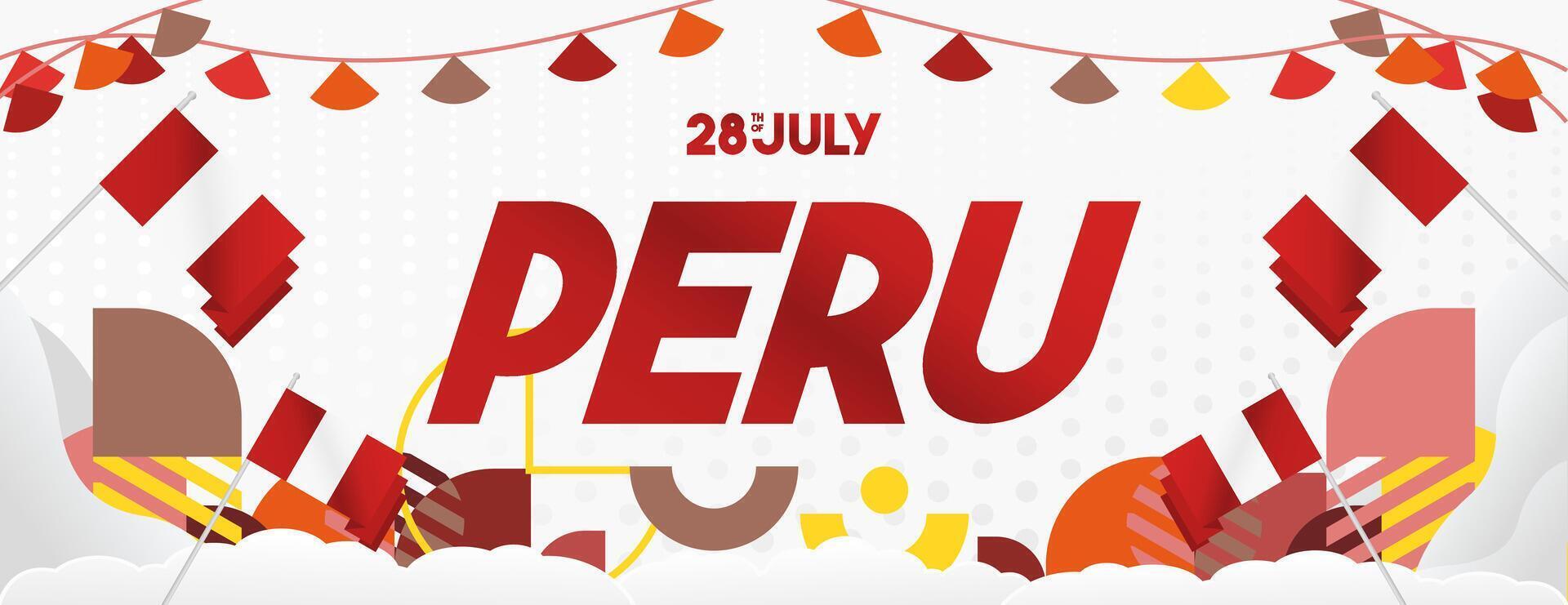 Peru Independence Day banner in modern geometric style. Wide banner with typography and also country flag. Background for National holiday celebration party. Happy Independence Day of Peru vector