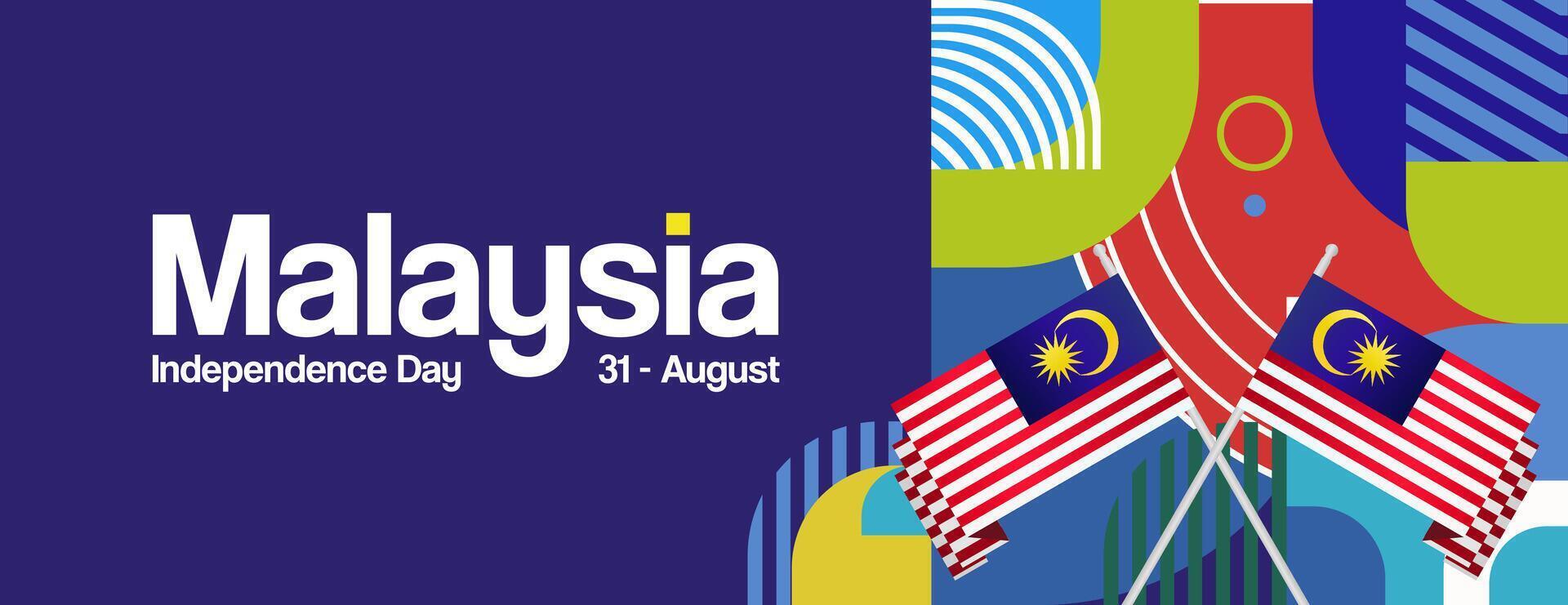 Malaysia Independence Day banner in modern geometric style. Wide banner with typography and also country flag. Background for National holiday celebration party. Happy Merdeka Day of Malaysia vector