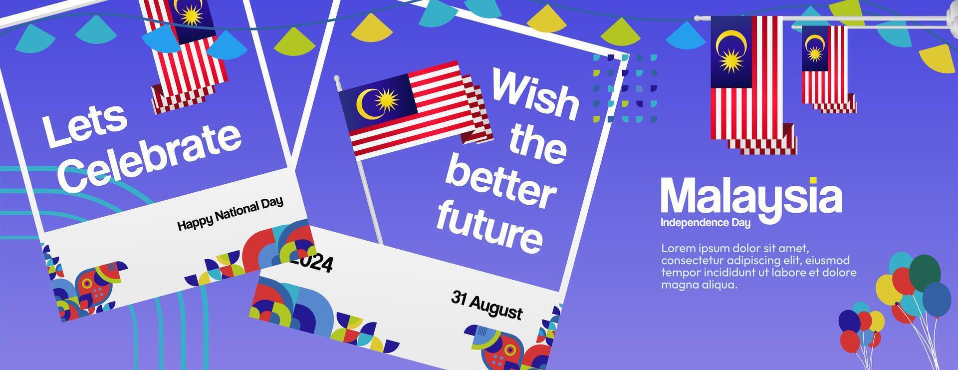 Malaysia Independence Day banner in modern geometric style. Wide banner with typography and also country flag. Background for National holiday celebration party. Happy Merdeka Day of Malaysia vector