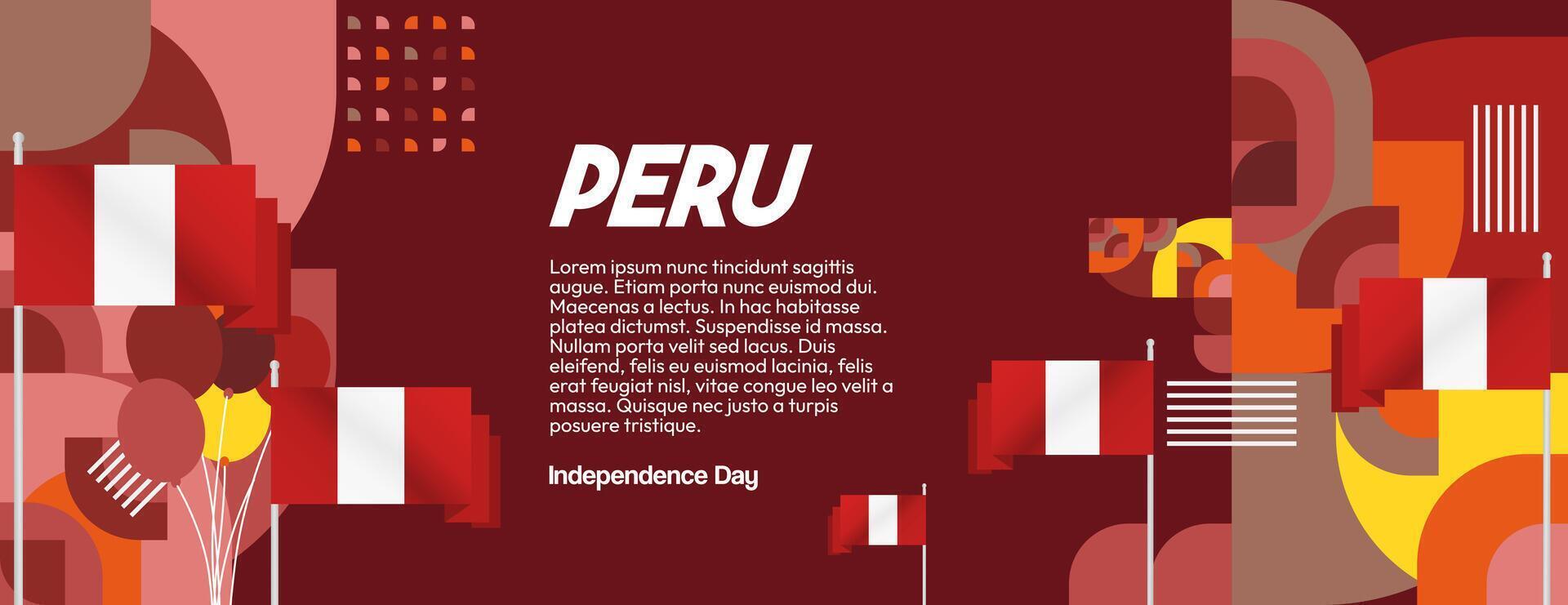 Peru Independence Day banner in modern geometric style. Wide banner with typography and also country flag. Background for National holiday celebration party. Happy Independence Day of Peru vector