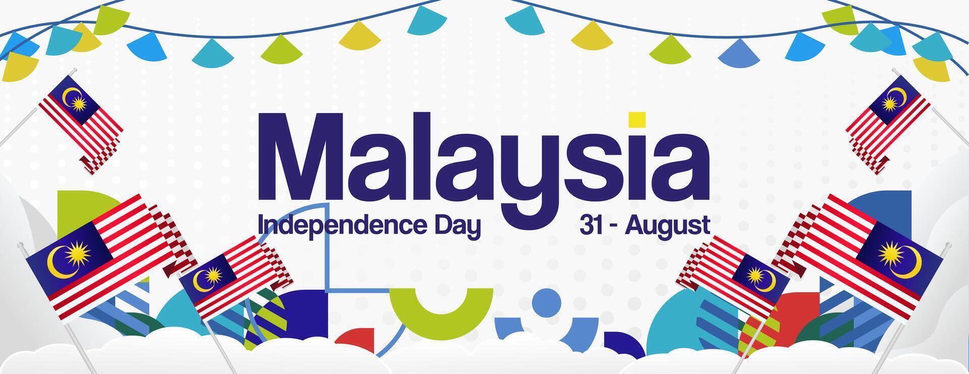 Malaysia Independence Day banner in modern geometric style. Wide banner with typography and also country flag. Background for National holiday celebration party. Happy Merdeka Day of Malaysia vector