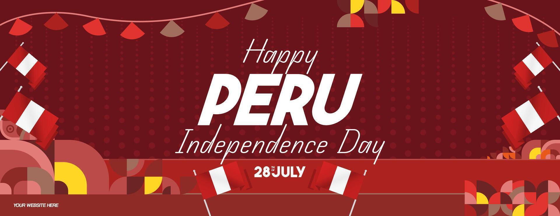 Peru Independence Day banner in modern geometric style. Wide banner with typography and also country flag. Background for National holiday celebration party. Happy Independence Day of Peru vector