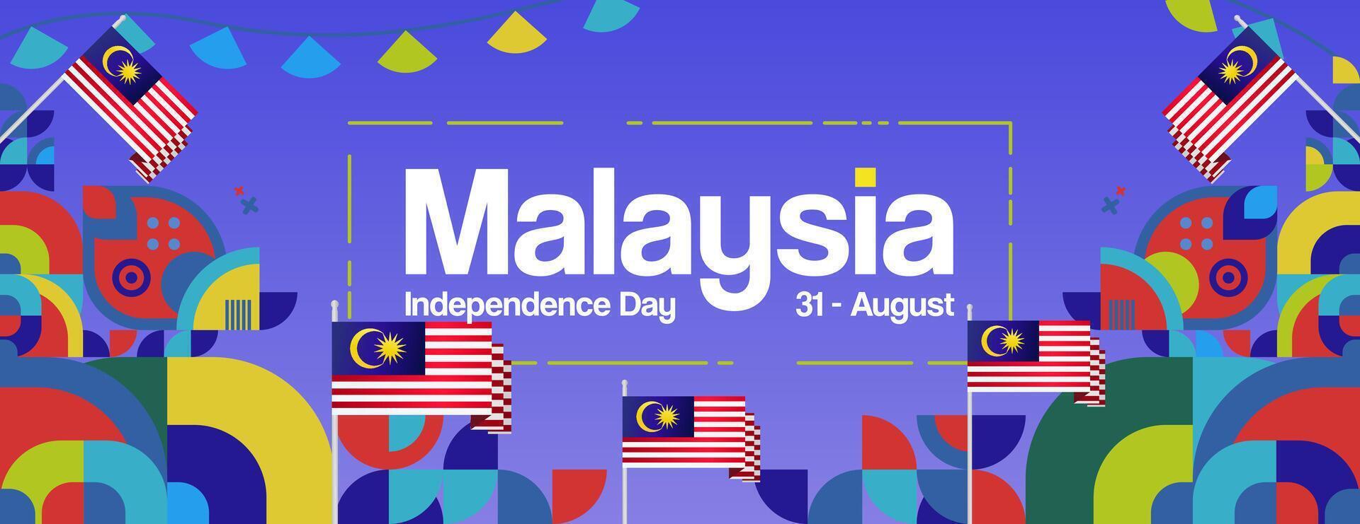 Malaysia Independence Day banner in modern geometric style. Wide banner with typography and also country flag. Background for National holiday celebration party. Happy Merdeka Day of Malaysia vector