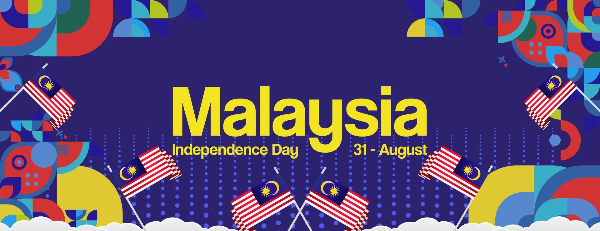 Malaysia Independence Day banner in modern geometric style. Wide banner with typography and also country flag. Background for National holiday celebration party. Happy Merdeka Day of Malaysia vector