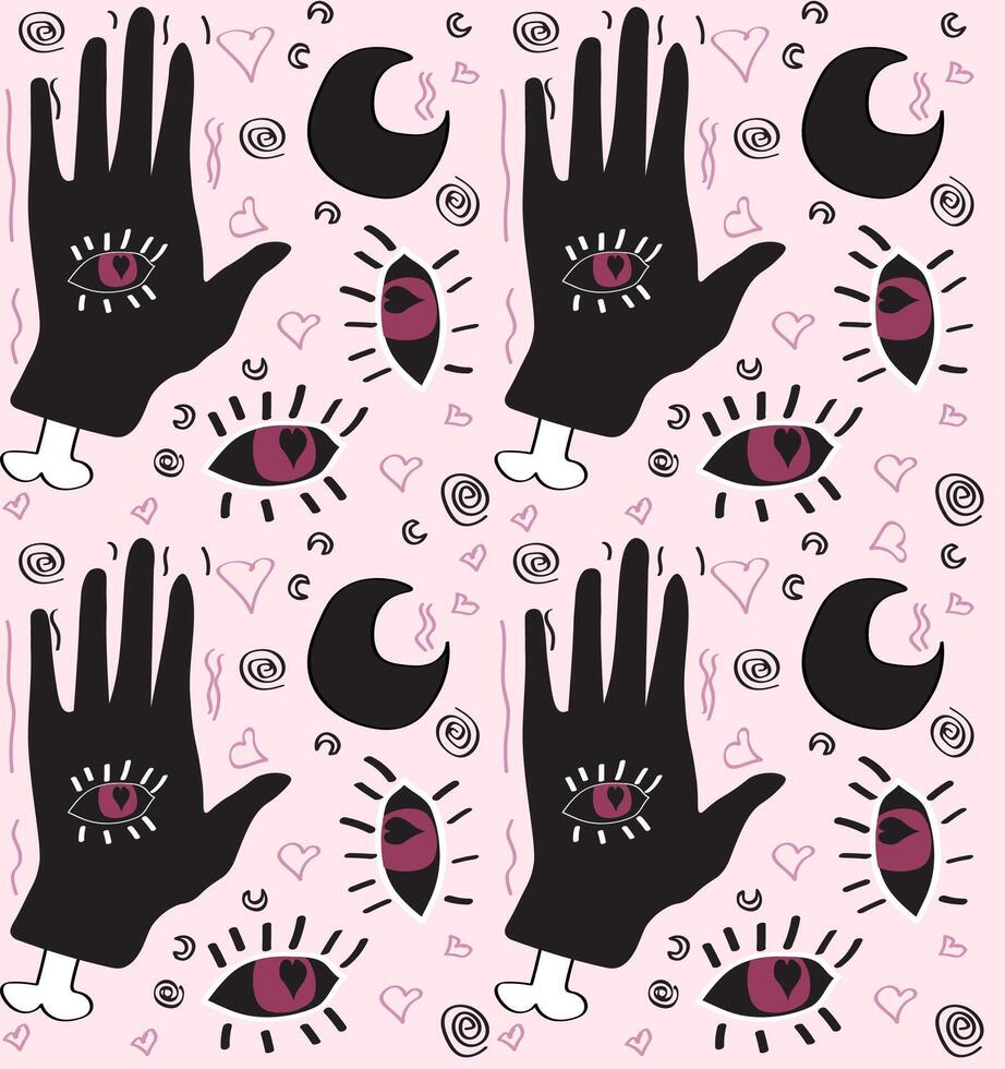 dark boho hand eyes and moon seamless pattern. vector