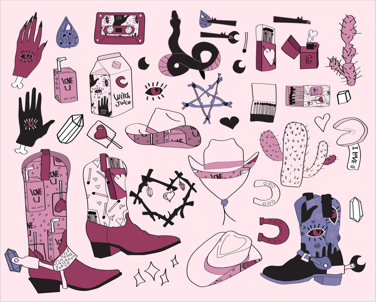 Pink Cowgirl Western Collection. pink dark boho glamour cowgirl boots, hats and planner stickers elements. vector