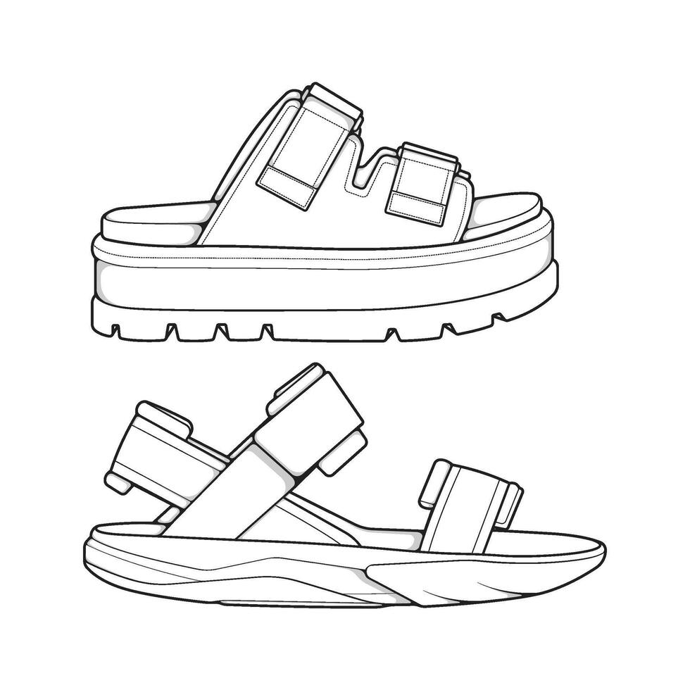set of outline Cool strap sandals. strap sandals outline drawing , strap sandals drawn in a sketch style. vector