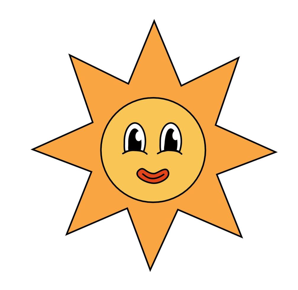 Retro Hippie Groovy Sun smiling. Cartoon summer element. illustration. vector