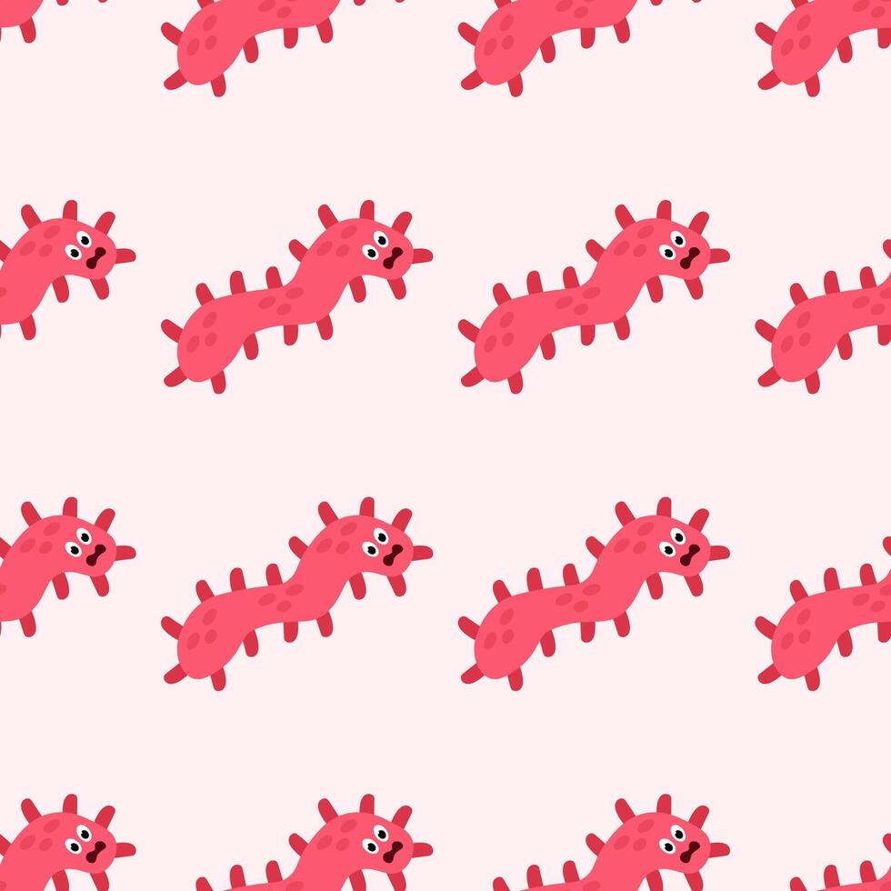 Seamless Pattern with Cute cartoon character virus, bacteria, microbe. Microbiology organism funny face wallpaper. Mascot expressing emotion background. children illustration in flat design. vector