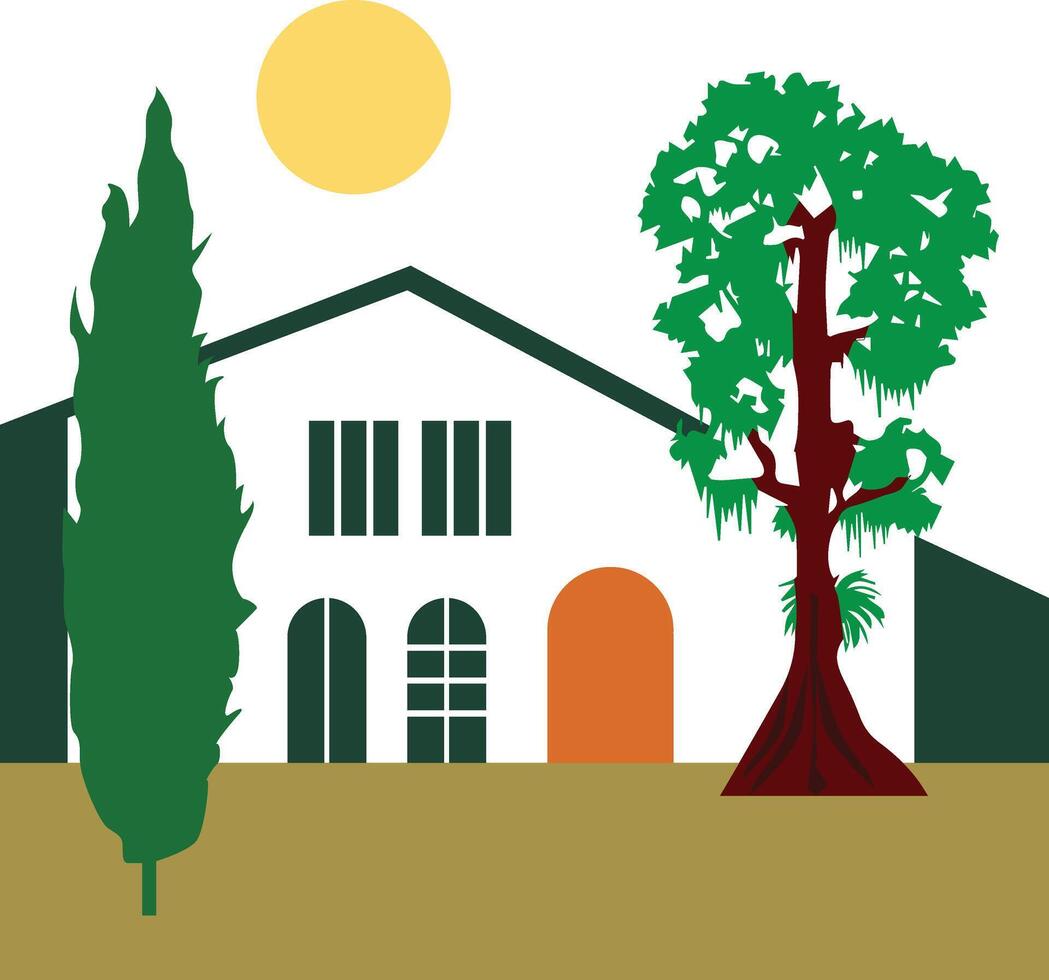An understated and contemporary depiction of a Provencal house featuring a cypress tree vector