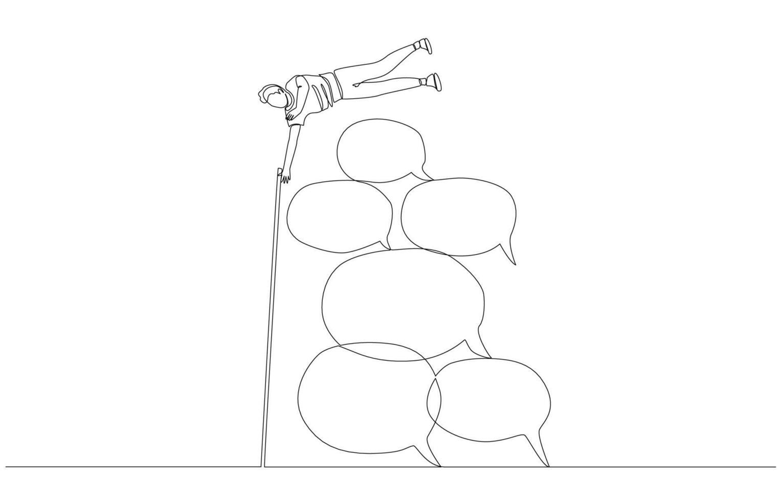 Continuous one line drawing of young man jumping pole vault over pile of speech bubbles, overcoming negative criticism concept, single line art. vector