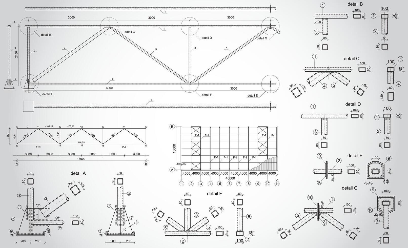 Industrial truss highly detailed blueprint vector