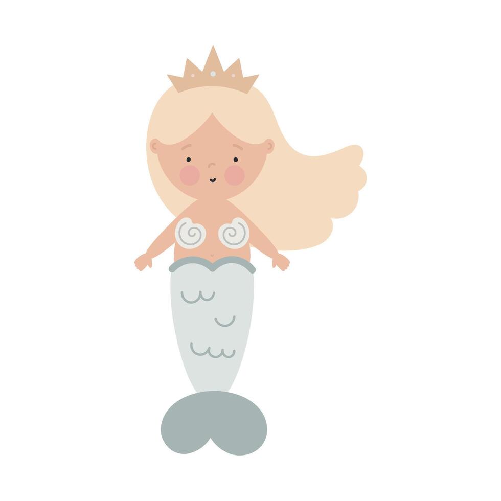 Cute mermaid. Flat cartoon illustration isolated on white background. For card, posters, stickers, banners, printing on the pack, printing on clothes, fabric, wallpaper. vector