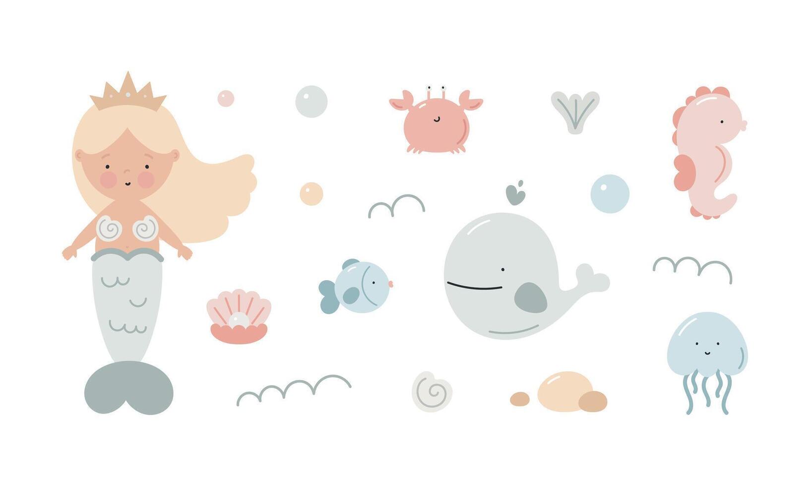 Set with cute mermaid and sea animals. Mermaid, crab, whale, seahorse, jellyfish, shell, pearl, fish. Isolated cartoon flat objects on white background. Marine kids design. vector